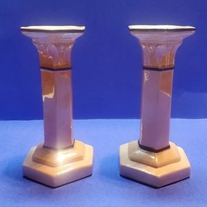 Pedestal Roman Column Candlestick Holders Vintage Lusterware Unique Peach Beige